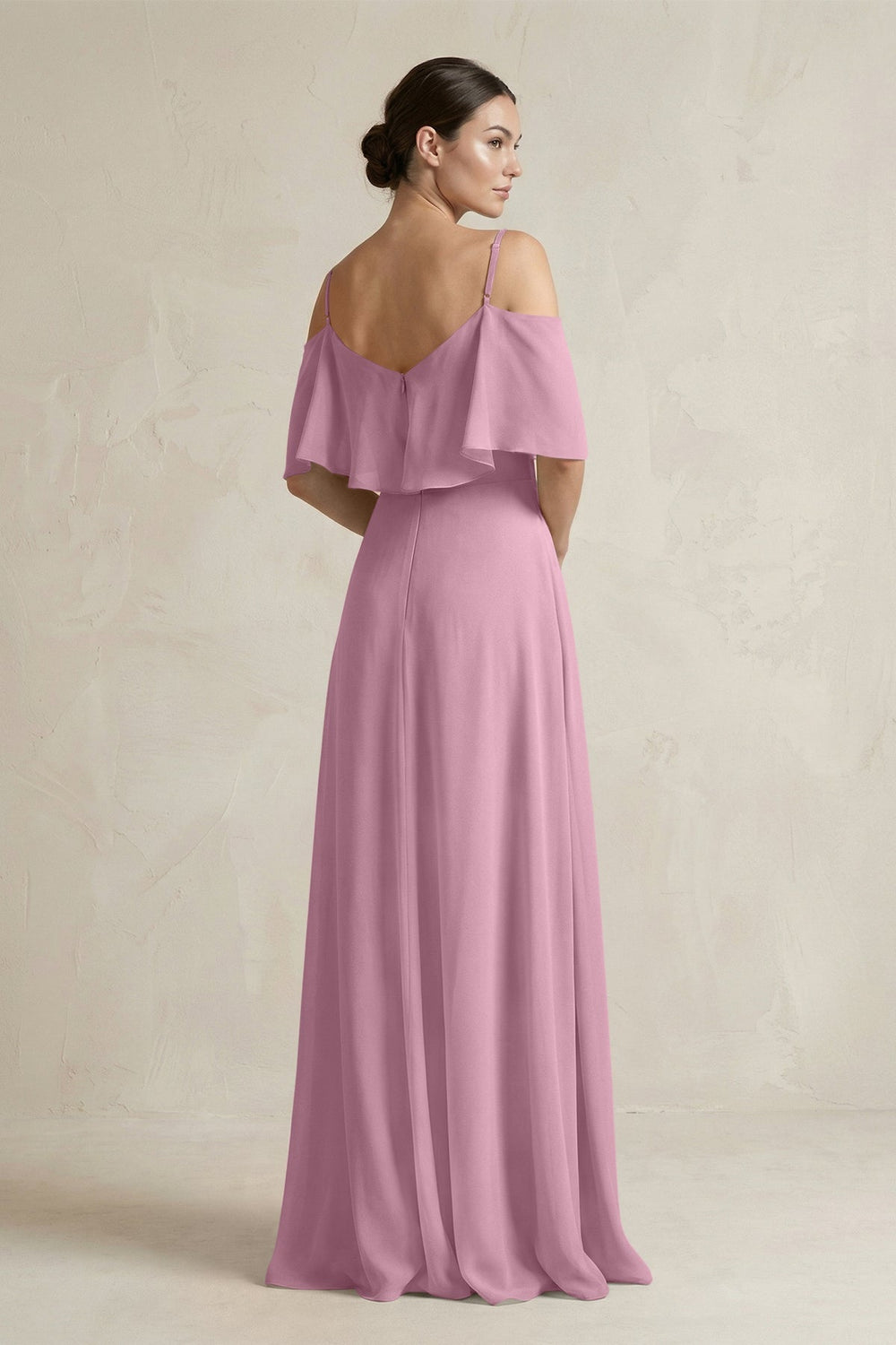 Ruffled Off - the - Shoulder A - Line Chiffon Bridesmaid Gown in Vintage Mauve - KISS BRIDAL Bridesmaid Dresses