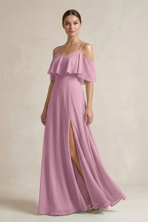Ruffled Off - the - Shoulder A - Line Chiffon Bridesmaid Gown in Vintage Mauve - KISS BRIDAL Bridesmaid Dresses