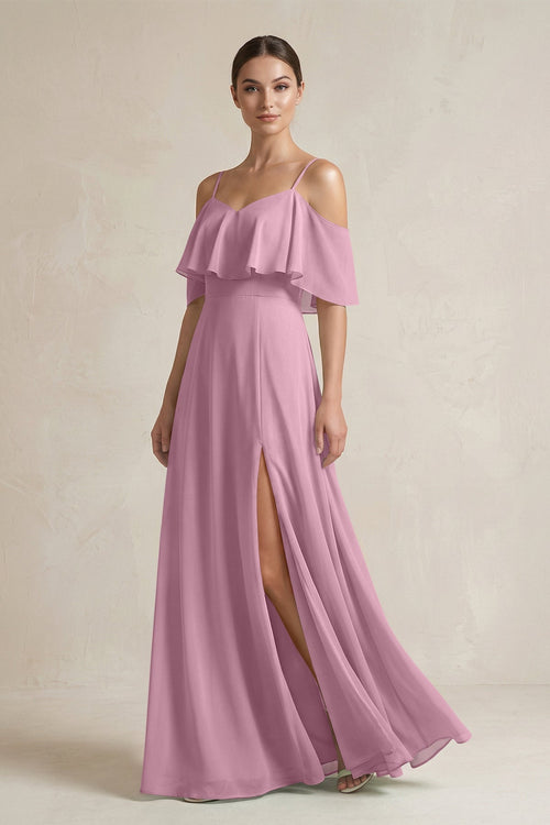 Ruffled Off - the - Shoulder A - Line Chiffon Bridesmaid Gown in Vintage Mauve - KISS BRIDAL Bridesmaid Dresses