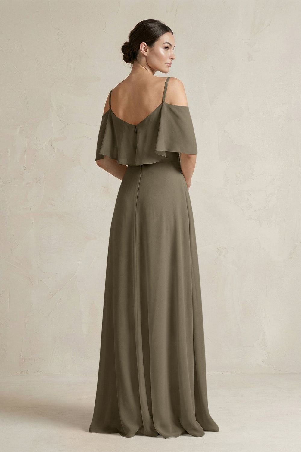 Ruffled Off - the - Shoulder A - Line Chiffon Bridesmaid Gown in Willow Green - KISS BRIDAL Bridesmaid Dresses
