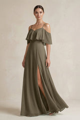 Ruffled Off - the - Shoulder A - Line Chiffon Bridesmaid Gown in Willow Green - KISS BRIDAL Bridesmaid Dresses