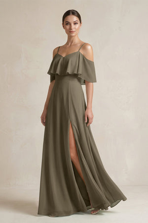 Ruffled Off - the - Shoulder A - Line Chiffon Bridesmaid Gown in Willow Green - KISS BRIDAL Bridesmaid Dresses