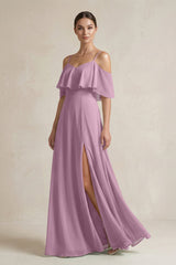 Ruffled Off - the - Shoulder A - Line Chiffon Bridesmaid Gown in Wisteria - KISS BRIDAL Bridesmaid Dresses