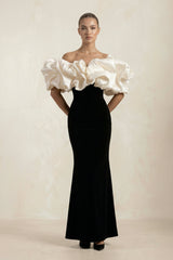 Ruffled Off - the - Shoulder Mermaid Satin Wedding Dress in Black - KISS BRIDAL Wedding Dresses