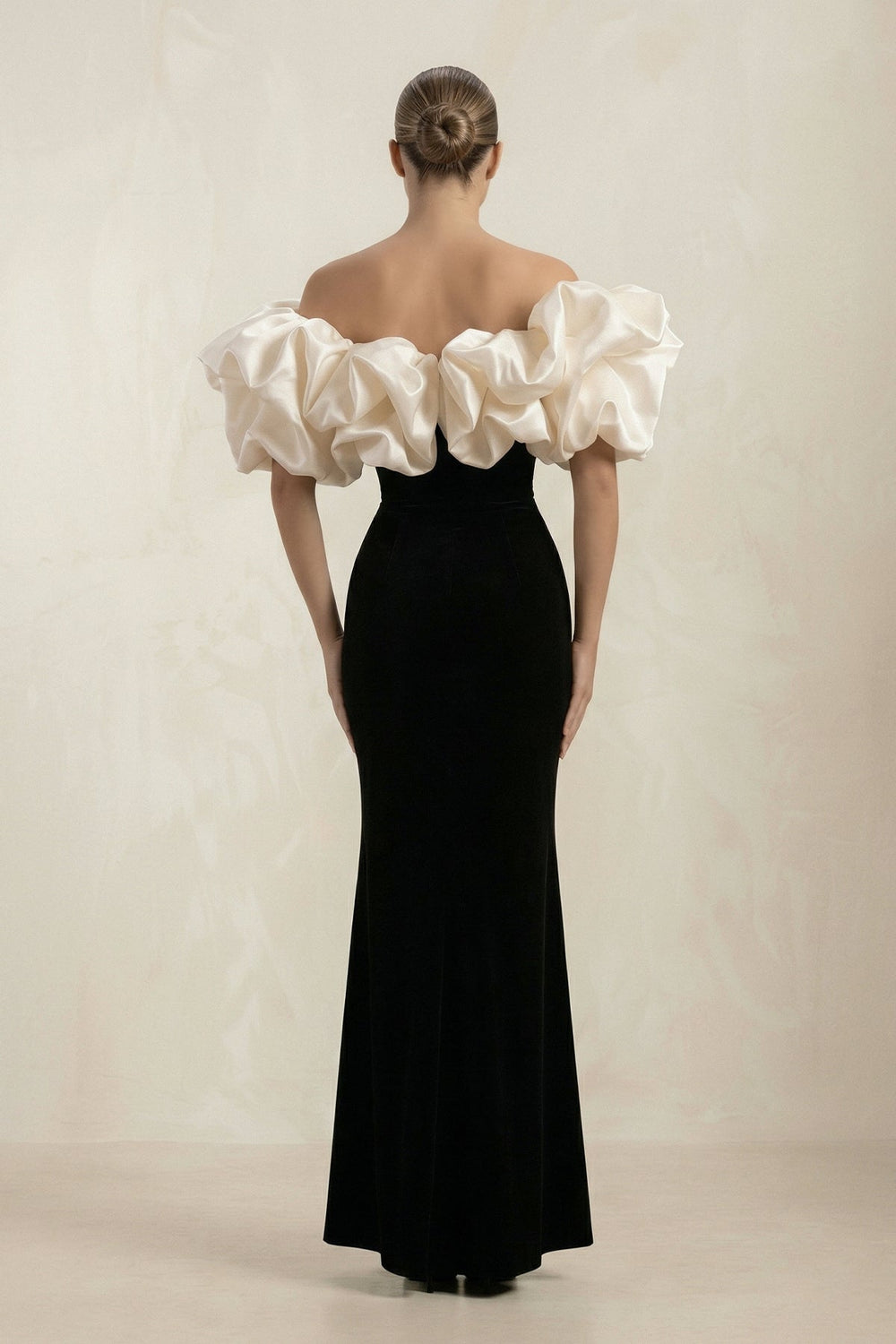 Ruffled Off - the - Shoulder Mermaid Satin Wedding Dress in Black - KISS BRIDAL Wedding Dresses