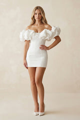 Ruffled Off - the - Shoulder Sheath Satin Wedding Dress in White - KISS BRIDAL Wedding Dresses