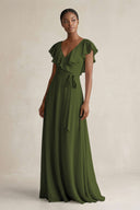 A-Line V-Neck Ruffled Sleeve Chiffon Bridesmaid Dress in Olive - SHE IS ME BRIDESMAID DRESSES