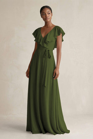 A-Line V-Neck Ruffled Sleeve Chiffon Bridesmaid Dress in Olive - SHE IS ME BRIDESMAID DRESSES