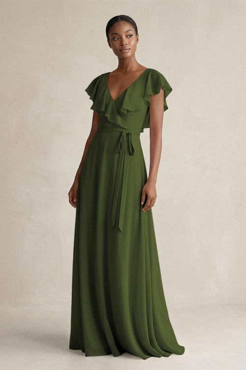 A-Line V-Neck Ruffled Sleeve Chiffon Bridesmaid Dress in Olive - SHE IS ME BRIDESMAID DRESSES