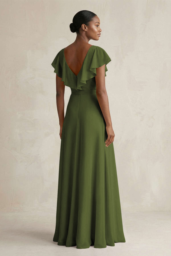 A-Line V-Neck Ruffled Sleeve Chiffon Bridesmaid Dress in Olive - SHE IS ME BRIDESMAID DRESSES