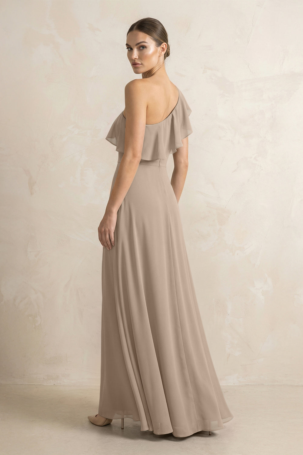Ruffled One-Shoulder A-Line Chiffon Bridesmaid Dress in Almond