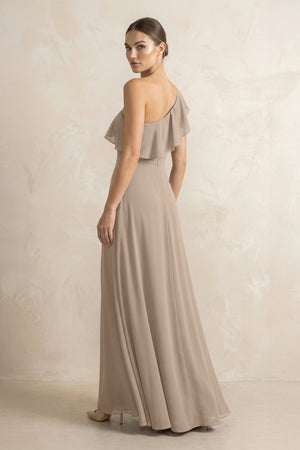 Ruffled One-Shoulder A-Line Chiffon Bridesmaid Dress in Almond (2) | KISSBRIDAL