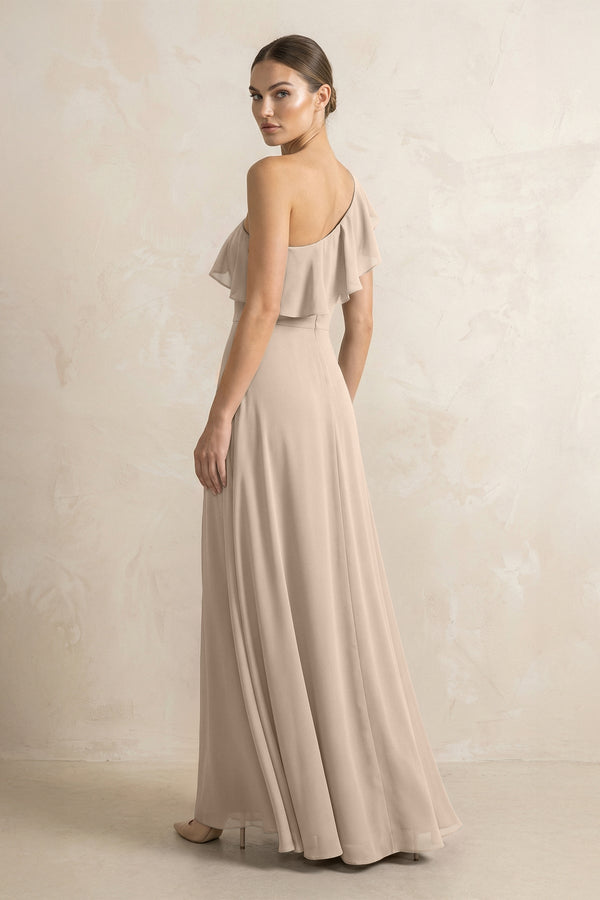 Ruffled One - Shoulder A - Line Chiffon Bridesmaid Dress in Almond - KISS BRIDAL Bridesmaid Dresses