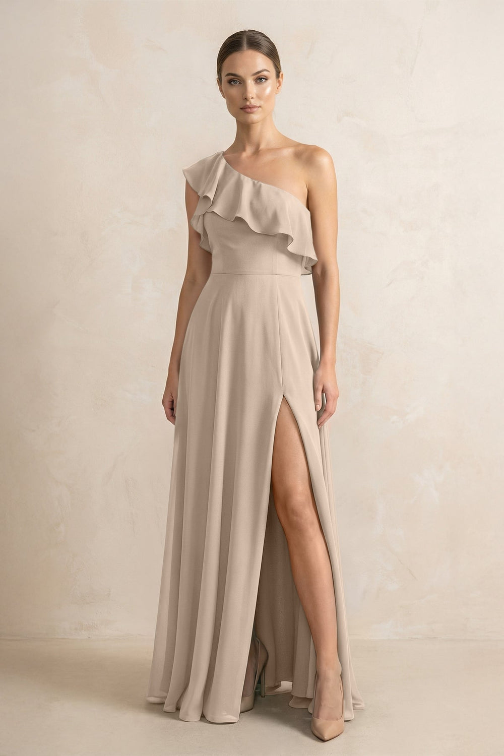 Ruffled One - Shoulder A - Line Chiffon Bridesmaid Dress in Almond - KISS BRIDAL Bridesmaid Dresses