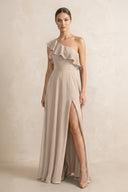 Ruffled One - Shoulder A - Line Chiffon Bridesmaid Dress in Almond - KISS BRIDAL Bridesmaid Dresses