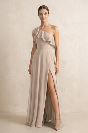 Ruffled One - Shoulder A - Line Chiffon Bridesmaid Dress in Almond - KISS BRIDAL Bridesmaid Dresses