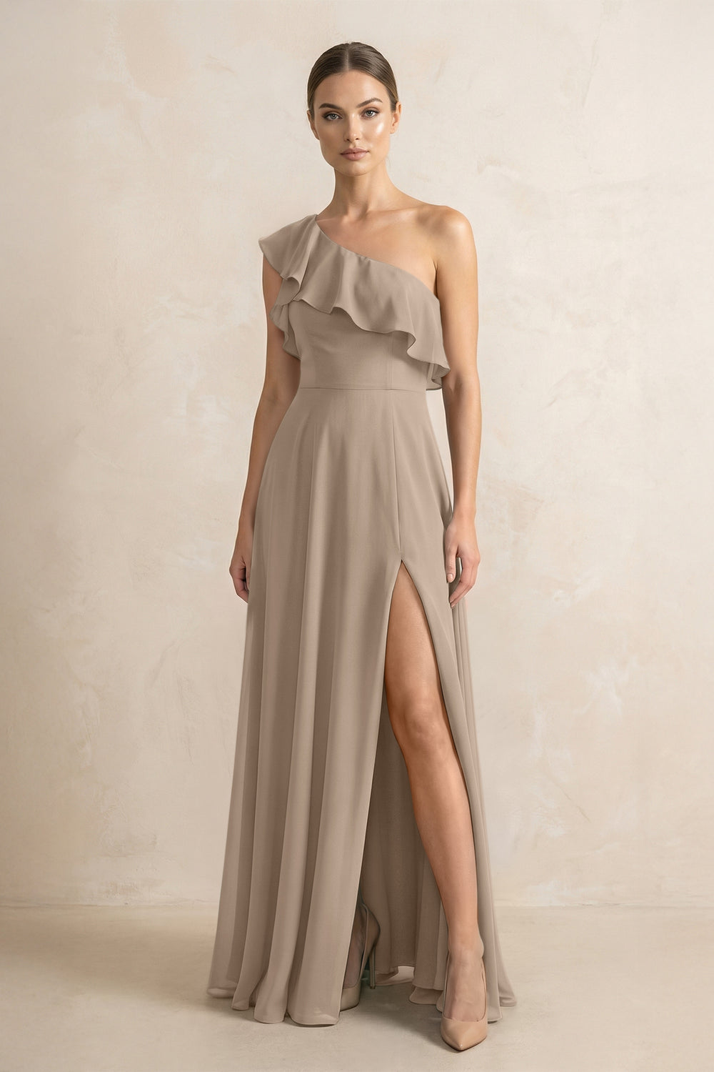 Ruffled One-Shoulder A-Line Chiffon Bridesmaid Dress in Almond