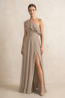 Ruffled One-Shoulder A-Line Chiffon Bridesmaid Dress in Almond | KISSBRIDAL