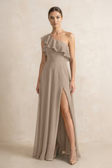 Ruffled One-Shoulder A-Line Chiffon Bridesmaid Dress in Almond | KISSBRIDAL