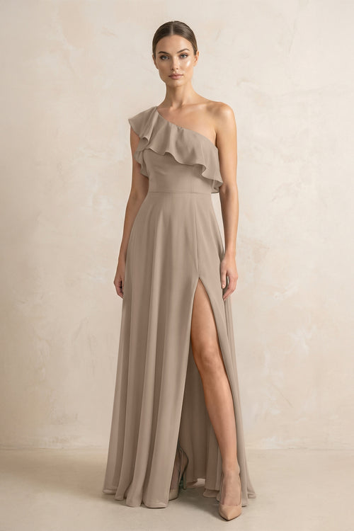 Ruffled One-Shoulder A-Line Chiffon Bridesmaid Dress in Almond | KISSBRIDAL