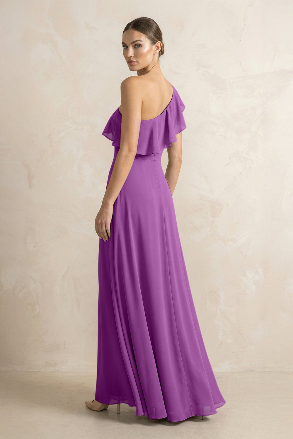 Ruffled One - Shoulder A - Line Chiffon Bridesmaid Dress in Amethyst - KISS BRIDAL Bridesmaid Dresses