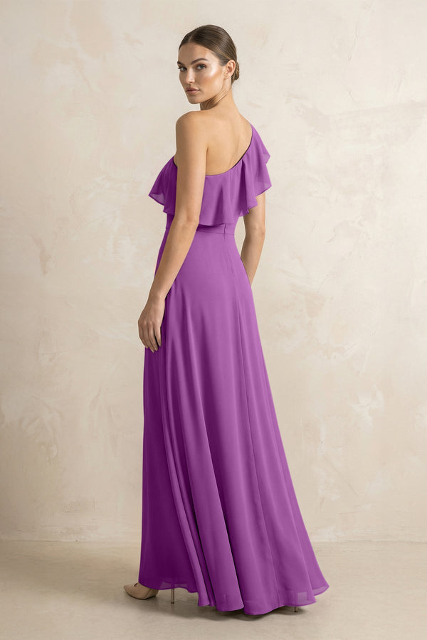 Ruffled One - Shoulder A - Line Chiffon Bridesmaid Dress in Amethyst - SHE IS ME Bridesmaid Dresses