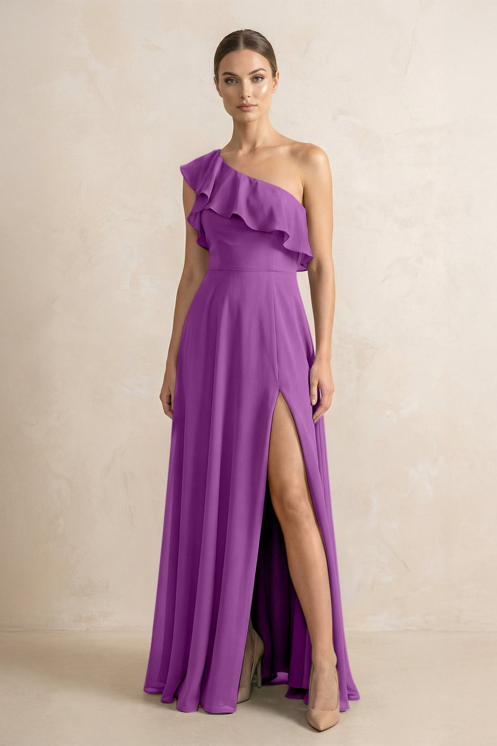 Ruffled One - Shoulder A - Line Chiffon Bridesmaid Dress in Amethyst - KISS BRIDAL Bridesmaid Dresses