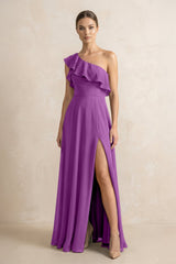Ruffled One - Shoulder A - Line Chiffon Bridesmaid Dress in Amethyst - KISS BRIDAL Bridesmaid Dresses