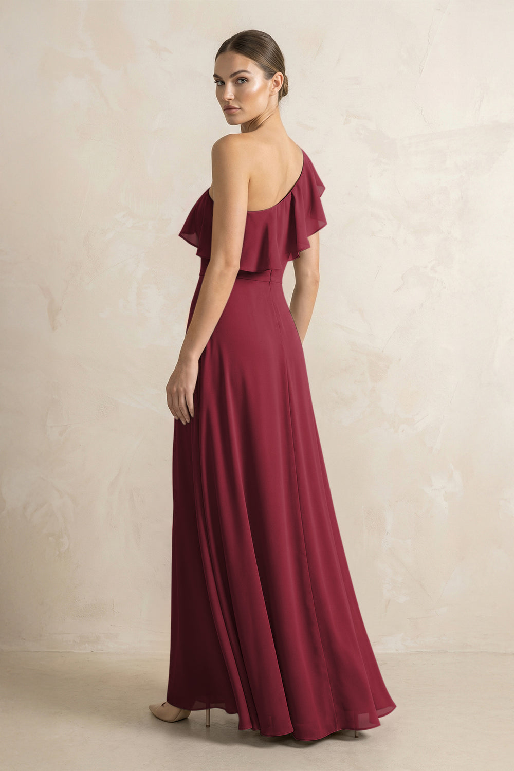 Ruffled One-Shoulder A-Line Chiffon Bridesmaid Dress in Berry