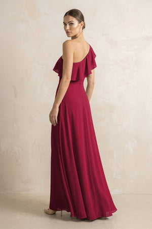 Ruffled One - Shoulder A - Line Chiffon Bridesmaid Dress in Berry - KISS BRIDAL Bridesmaid Dresses