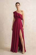 Ruffled One - Shoulder A - Line Chiffon Bridesmaid Dress in Berry - KISS BRIDAL Bridesmaid Dresses