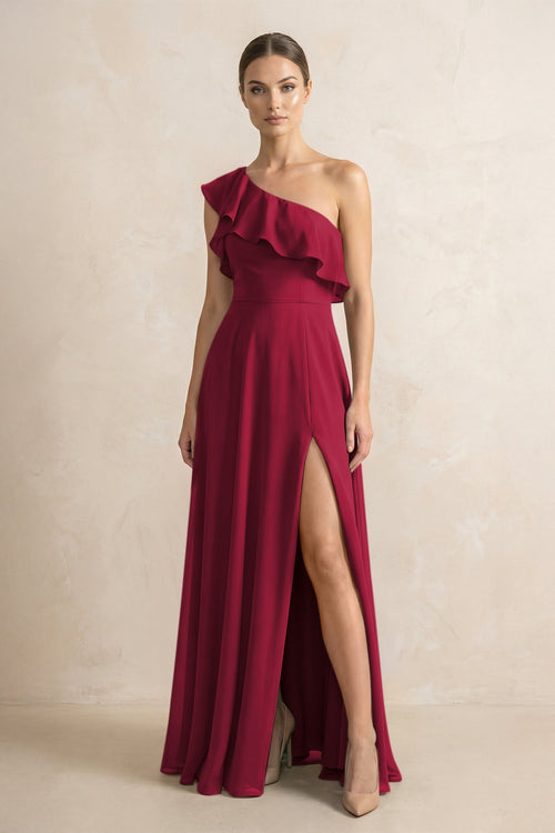 Ruffled One - Shoulder A - Line Chiffon Bridesmaid Dress in Berry - KISS BRIDAL Bridesmaid Dresses