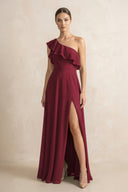 Ruffled One-Shoulder A-Line Chiffon Bridesmaid Dress in Berry | KISSBRIDAL