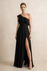 Ruffled One - Shoulder A - Line Chiffon Bridesmaid Dress in Black - KISS BRIDAL Bridesmaid Dresses