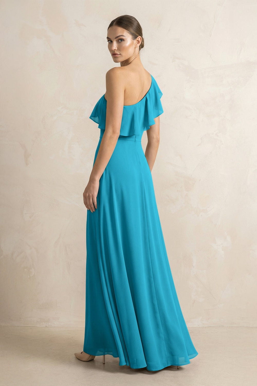 Ruffled One - Shoulder A - Line Chiffon Bridesmaid Dress in Blue Jay - KISS BRIDAL Bridesmaid Dresses