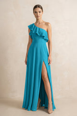 Ruffled One - Shoulder A - Line Chiffon Bridesmaid Dress in Blue Jay - KISS BRIDAL Bridesmaid Dresses