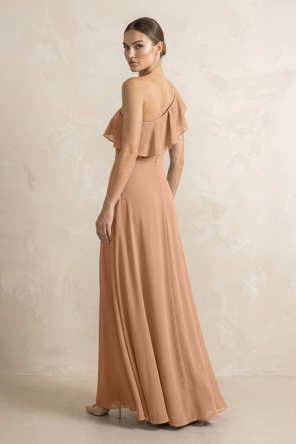 Ruffled One - Shoulder A - Line Chiffon Bridesmaid Dress in Bronzer - KISS BRIDAL Bridesmaid Dresses