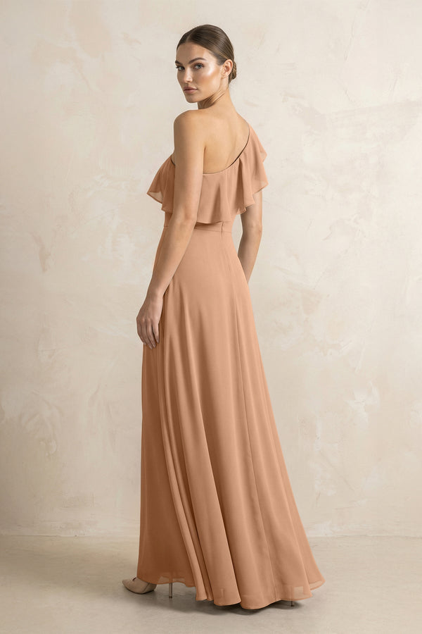 Ruffled One - Shoulder A - Line Chiffon Bridesmaid Dress in Bronzer - SHE IS ME Bridesmaid Dresses