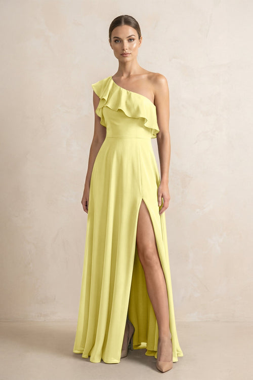 Ruffled One - Shoulder A - Line Chiffon Bridesmaid Dress in Buttercup - KISS BRIDAL Bridesmaid Dresses
