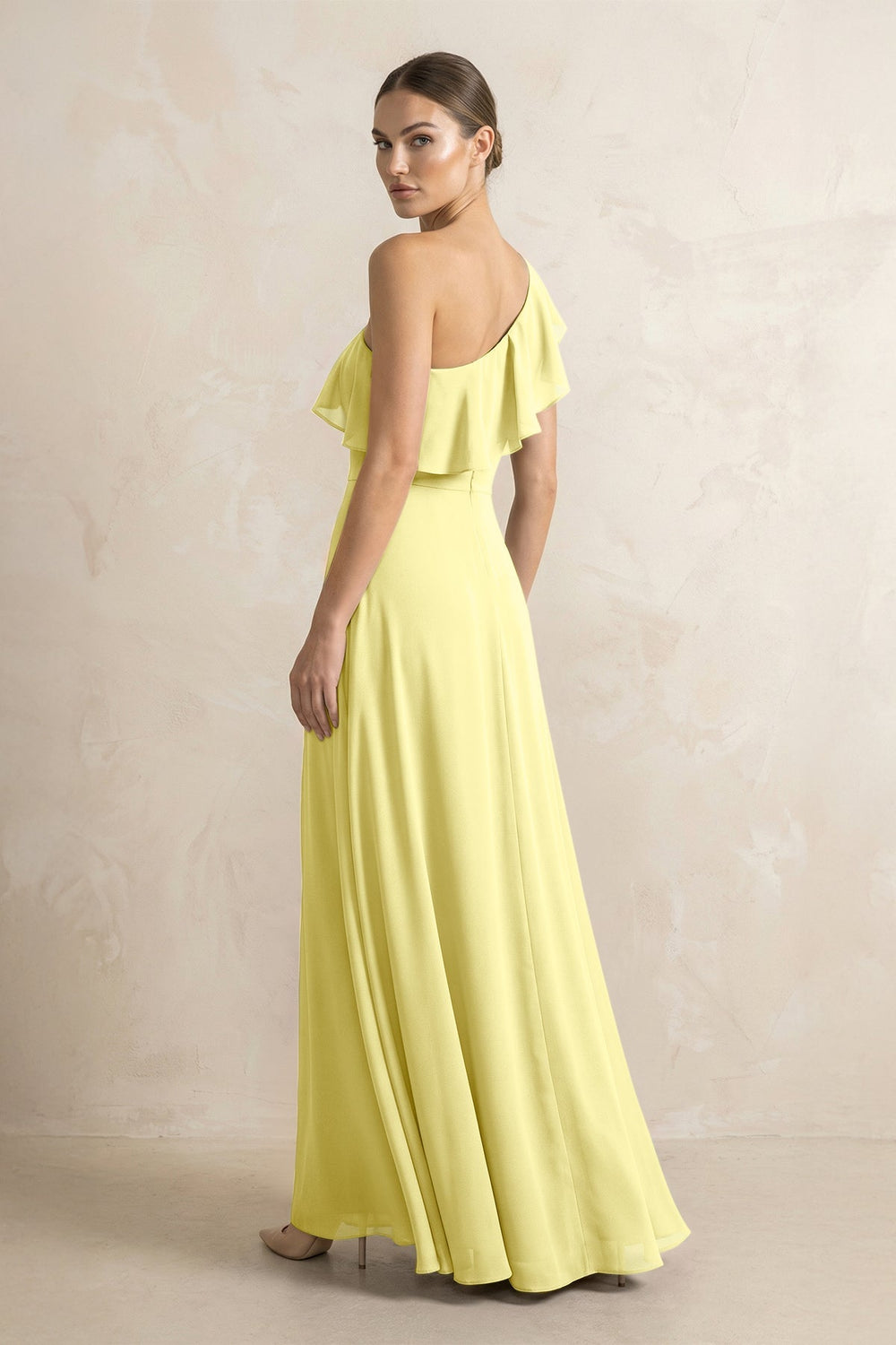 Ruffled One - Shoulder A - Line Chiffon Bridesmaid Dress in Buttercup - KISS BRIDAL Bridesmaid Dresses