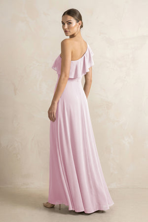 Ruffled One-Shoulder A-Line Chiffon Bridesmaid Dress in Candy Pink (2) | KISSBRIDAL