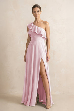 Ruffled One - Shoulder A - Line Chiffon Bridesmaid Dress in Candy Pink - KISS BRIDAL Bridesmaid Dresses