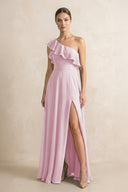 Ruffled One-Shoulder A-Line Chiffon Bridesmaid Dress in Candy Pink | KISSBRIDAL