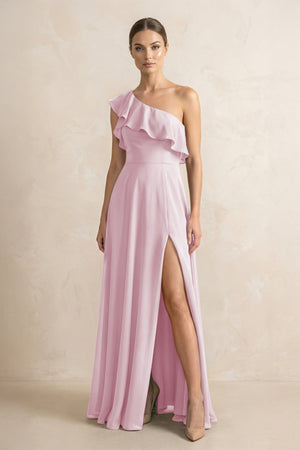 Ruffled One-Shoulder A-Line Chiffon Bridesmaid Dress in Candy Pink | KISSBRIDAL