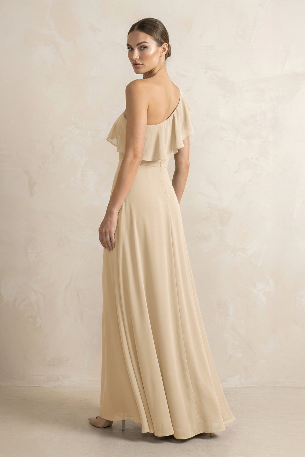 Ruffled One-Shoulder A-Line Chiffon Bridesmaid Dress in Champagne