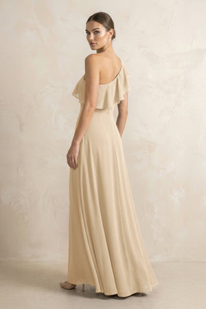 Ruffled One-Shoulder A-Line Chiffon Bridesmaid Dress in Champagne (2) | KISSBRIDAL