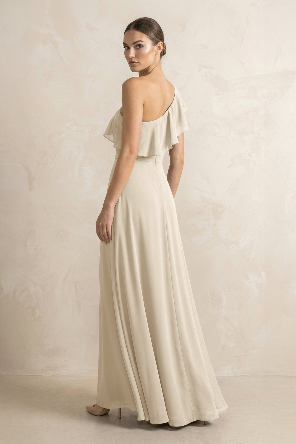 Ruffled One - Shoulder A - Line Chiffon Bridesmaid Dress in Champagne - KISS BRIDAL Bridesmaid Dresses