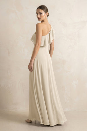 Ruffled One - Shoulder A - Line Chiffon Bridesmaid Dress in Champagne - KISS BRIDAL Bridesmaid Dresses
