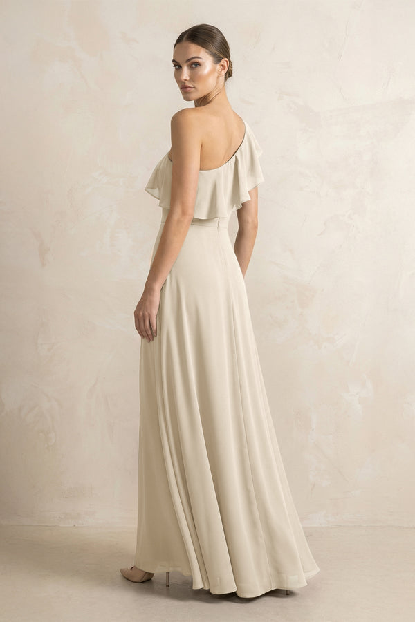 Ruffled One - Shoulder A - Line Chiffon Bridesmaid Dress in Champagne - KISS BRIDAL Bridesmaid Dresses