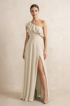 Ruffled One - Shoulder A - Line Chiffon Bridesmaid Dress in Champagne - KISS BRIDAL Bridesmaid Dresses